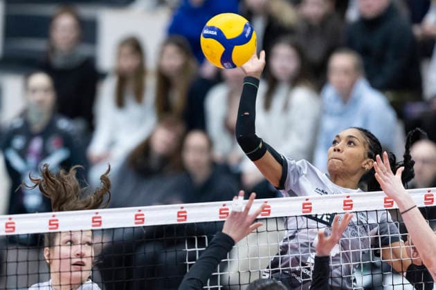 1 Volleyball Bundesliga Women Schwarz Weiss Erfurt vs Ladies in Black Aachen Erfurt 21 02 2026 Alianza Darley 14 Schwarz Weiss Erfurt vs Sophia Fallah 15 Ladies in Black Aachen left and Celine Jebens 1 Ladies in Black Aachen right, not in the picture 1 Volleyball Bundesliga Women Schwarz Weiss Erfurt vs Ladies in Black Aachen Riethsporthalle Erfurt 21 02 2026 Copyright: xBEAUTIFULxSPORTS Duehringx