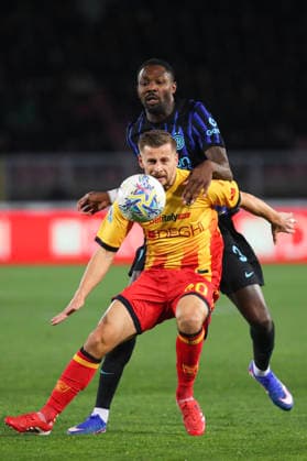 Ylber Ramadani of US Lecce and Marcus Thuram of FC Internazionale Milano compete for the ball during the serie A match between US Lecce and FC Internazionale Milano at Ettore Giardiniero - Via del Mare stadium in Lecce (Italy), February 21, 2026. massimilianoxcarnabuci