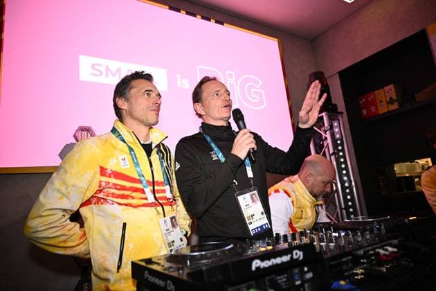 BOIC-COIB CEO Cedric Van Branteghem and BOIC-COIB president Jean-Michel Saive pictured during the athletes party of Team Belgium on the last evening of the Milano Cortina 2026 Olympic Winter games, Winterspiele,Spiele, Summer games on Saturday 21 February 2026 in Milan, Italy. The XXV Winter Olympics take place from 6 to 22 February 2026 in Italy. JASPERxJACOBS  x164452436x