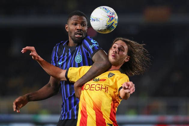Marcus Thuram of FC Internazionale Milano and Antonino Gallo of US Lecce compete for the ball during the serie A match between US Lecce and FC Internazionale Milano at Ettore Giardiniero - Via del Mare stadium in Lecce (Italy), February 21, 2026. massimilianoxcarnabuci