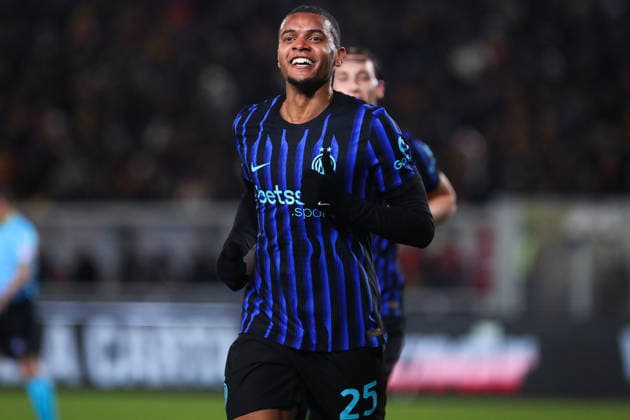Manuel Akanji of FC Internazionale Milano celebrates the goal of 0-2 scored during the serie A match between US Lecce and FC Internazionale Milano at Ettore Giardiniero - Via del Mare stadium in Lecce (Italy), February 21, 2026. massimilianoxcarnabuci