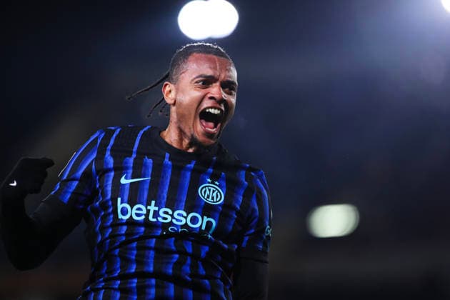Manuel Akanji of FC Internazionale Milano celebrates the goal of 0-2 scored during the serie A match between US Lecce and FC Internazionale Milano at Ettore Giardiniero - Via del Mare stadium in Lecce (Italy), February 21, 2026. massimilianoxcarnabuci