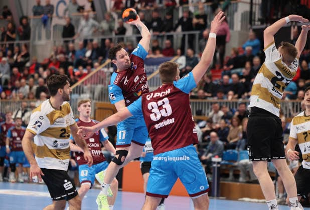 GER HBL2 Season 2025 2026 VfL Potsdam vs HC Elbflorenz Dresden, 21 02 26, MBS Arena, Potsdam Sebastian GREESS HC Elbflorenz 25 , Jannek KLEIN 1 VfL Potsdam 17 , Tim Niclas SCHRÖDER 1 VfL Potsdam 33 , Ivar STAVAST HC Elbflorenz 23