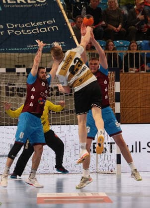 GER HBL2 Season 2025 2026 VfL Potsdam vs HC Elbflorenz Dresden, 21 02 26, MBS Arena, Potsdam Ivar STAVAST HC Elbflorenz 23 fails at the block of 1 VfL Potsdam