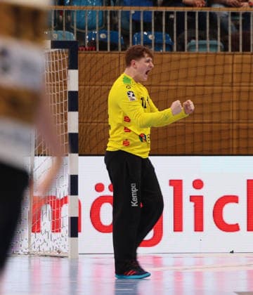 GER HBL2 Season 2025 2026 VfL Potsdam vs HC Elbflorenz Dresden, 21 02 26, MBS Arena, Potsdam Maximilian GRUNDMANN 1 VfL Potsdam 12 cheers after a successful save, fist, emotion