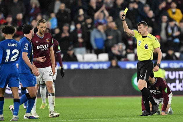West Ham United v Bournemouth, Premier League AFC Bournemouth defender Marcos Senesi (5) is shown a yellow card, booked by Referee Sam Barrott during the Premier League match between West Ham United and Bournemouth at the London Stadium, London, UK on 21 February 2026. London London Stadium UK Editorial use only DataCo restrictions apply See www.football-dataco.com , Copyright: xSimonxTraylenx PSI-23788-0026