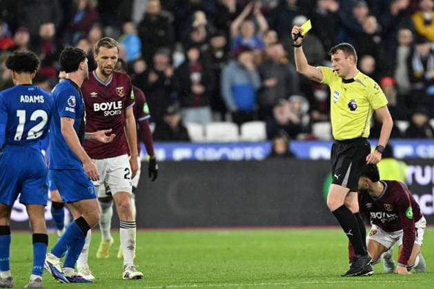 West Ham United v Bournemouth, Premier League AFC Bournemouth defender Marcos Senesi (5) is shown a yellow card, booked by Referee Sam Barrott during the Premier League match between West Ham United and Bournemouth at the London Stadium, London, UK on 21 February 2026. London London Stadium UK Editorial use only DataCo restrictions apply See www.football-dataco.com , Copyright: xSimonxTraylenx PSI-23788-0027