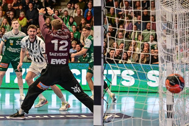 DAIKIN Handball Bundesliga Frisch Auf Göppingen THW Kiel Göppingen, 21 02 2026 Magnus Landin Jacobsen THW Kiel, 7 successful against Kristian Saveras Frisch Auf Göppingen, 12 Göppingen, 21 02 2026 22 Matchday of the DAIKIN Handball Bundesliga, Frisch Auf Göppingen THW Kiel, EWS Arena, Göppingen Copyright: xBEAUTIFULxSPORTS Märklx