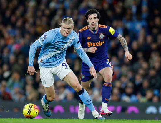 Manchester, England, 21st February 2026. Erling Haaland of Manchester City and Sandro Tonali of Newcastle United during the Manchester City vs Newcastle United Premier League match at the Etihad Stadium, Manchester. Picture credit should read: Cody Froggatt Sportimage EDITORIAL USE ONLY. No use with unauthorised audio, video, data, fixture lists, club league logos or live services. Online in-match use limited to 120 images, no video emulation. No use in betting, games or single club league player publications. SPI_049_CF_Man_City_Newc SPI-4542-0050