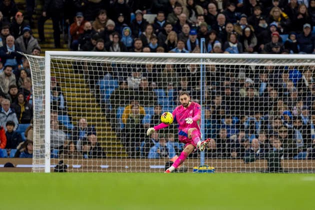 21st February 2026; Etihad Stadium, Manchester, Lancashire, England; Premier League Football, Manchester City versus Newcastle United; Goalkeper Gianluigi Donnarumma of Manchester City kicks the ball under pressure from field  TimxWilliams Content restricted for UK based newspaper