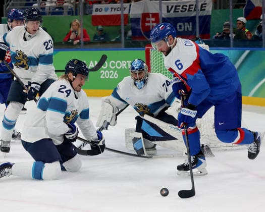 February 21, 2026, Milan, Lombardy, Italy: Lukas Cingel (6) of Team Slovakia and Roope Hintz (24) of Team Finland and Juuse Saros (74) of Team Finland in the men s Ice hockey, Eishockey bronze medal game during the Milano Cortina 2026 Olympic Winter games, Winterspiele,Spiele, Summer games at Milano Santagiulia Ice Hockey Arena. Olympics 2026: Milano Cortina: Ice Hockey-Men Finals - Bronze Medal Game-SVK V FIN  - ZUMAm117 20260221_oly_m117_022 Copyright: xDavidxMcIntyrex
