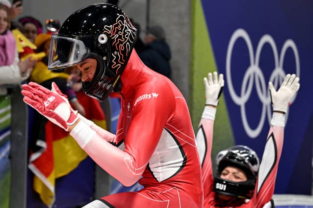 Cortina d Ampezzo, Italy, February 21th 2026. Melanie Hasler and Nadja Pasternack of Switzerland celebrate in finish after the Bobsleight 2-woman Heat 3 and 4 race of the Olympic Winter games, Winterspiele,Spiele, Summer games 2026 in Cortina d Ampezzo, Italy. (Photo by Igor Kupljenik Sports Press Photo)  Copyright: xIgorxKupljenikx xSPPx Sportspressphoto_SPR95795