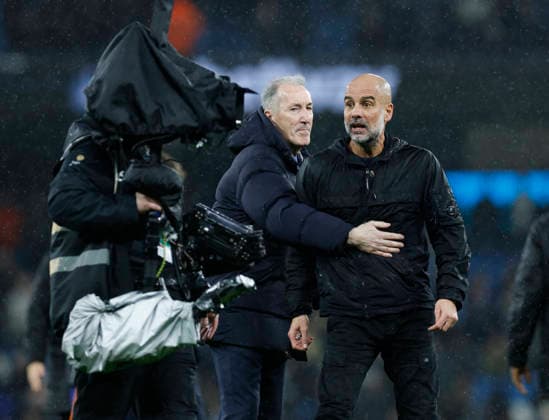 Manchester, England, 21st February 2026. Pep Guardiola coach of Manchester City is led away as he argues with steadicam at the end of the game during the Manchester City vs Newcastle United Premier League match at the Etihad Stadium, Manchester. Picture credit should read: Cody Froggatt Sportimage EDITORIAL USE ONLY. No use with unauthorised audio, video, data, fixture lists, club league logos or live services. Online in-match use limited to 120 images, no video emulation. No use in betting, games or single club league player publications. SPI_094_CF_Man_City_Newc SPI-4542-0094