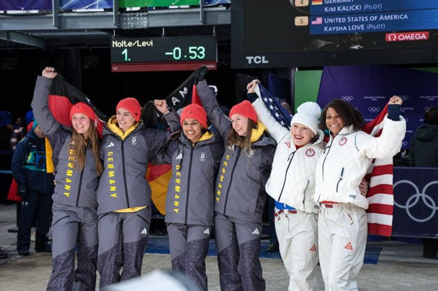 Lisa Buckwitz Neele Schuten (GER) 2nd place, Silver Medal, Laura Nolte Deborah Levi (GER) 1st place, Gold Medal and Kaillie Armbruster Humphries Jasmine Jones (USA) 3rd place, Bronze Medal during the Olympic Winter games, Winterspiele,Spiele, Summer games Milano-Cortina 2026, Bobsleigh 2-woman Heat 4 Final on February 21, 2026 at Cortina Sliding Center in Cortina d Ampezzo, Italy  Copyright: xLucianoxMariaxBisi IPAxSportx xipa-agency.netx xx IPA_71842752 IPA_Agency_IPA71842752