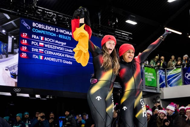 CORTINA, ITALY - FEBRUARY 21: Laura Nolte Deborah Levi (Germany) cheer during the Bobsleigh 2-woman Heat 3 and 4 at the Milano Cortina 2026 Olympics at Cortina Sliding Centre on day 15 of the Milano Cortina 2026 Olympics on February 21, 2026 in Cortina, Italy. Editorial use only. Italy Copyright: xSteffiexWunderlx