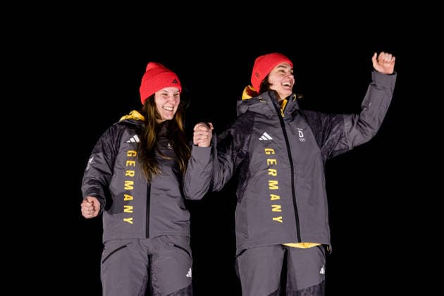 CORTINA, ITALY - FEBRUARY 21: Silver medalists Lisa Buckwitz Neele Schuten (Germany) smiling on the podium during the Bobsleigh 2-woman medal ceremony at the Milano Cortina 2026 Olympics at Cortina Sliding Centre on day 15 of the Milano Cortina 2026 Olympics on February 21, 2026 in Cortina, Italy. Editorial use only. Italy Copyright: xSteffiexWunderlx