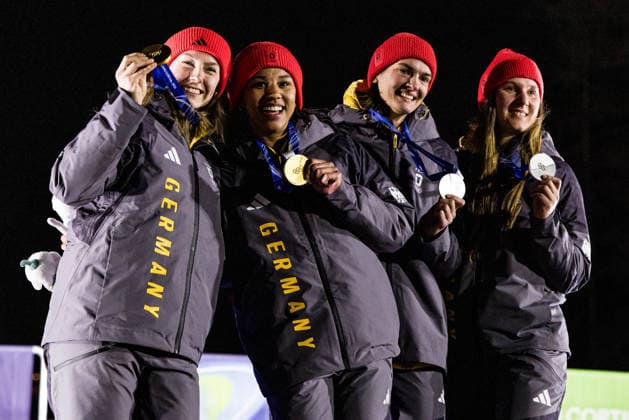 CORTINA, ITALY - FEBRUARY 21: Silver medalists Lisa Buckwitz Neele Schuten (Germany) and Gold medalists Laura Nolte Deborah Levi (Germany) posing together during the Bobsleigh 2-woman medal ceremony at the Milano Cortina 2026 Olympics at Cortina Sliding Centre on day 15 of the Milano Cortina 2026 Olympics on February 21, 2026 in Cortina, Italy. Editorial use only. Italy Copyright: xSteffiexWunderlx