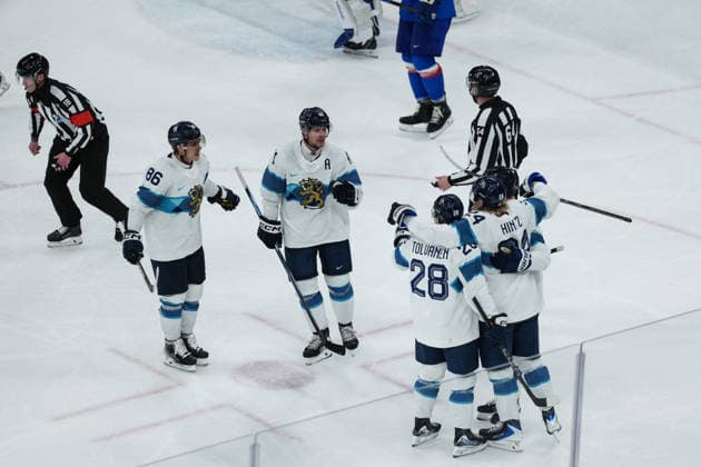 2026 Milano-Cortina Winter Olympics MILAN, ITALY - FEBRUARY 21: Players of Finland celebrate after a goal during the Ice hockey, Eishockey bronze medal match between Slovakia and Finland at the Milan Santagiulia Ice Hockey Arena at the 2026 Milano-Cortina Winter Olympics in Milan, Italy on February 21, 2026. Cemal Yurttas Anadolu Milan Italy. Editorial use only. Please get in touch for any other usage.  Copyright: x2026xAnadoluxCemalxYurttasx