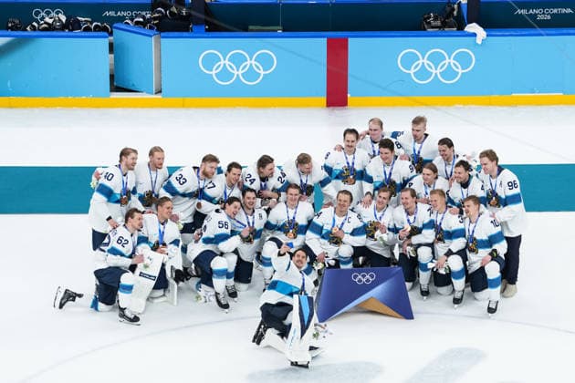2026 Milano-Cortina Winter Olympics MILAN, ITALY - FEBRUARY 21: Players of Finland celebrate after winning the bronze medal after the Ice hockey, Eishockey bronze medal match between Slovakia and Finland at the Milan Santagiulia Ice Hockey Arena at the 2026 Milano-Cortina Winter Olympics in Milan, Italy on February 21, 2026. Cemal Yurttas Anadolu Milan Italy. Editorial use only. Please get in touch for any other usage.  Copyright: x2026xAnadoluxCemalxYurttasx