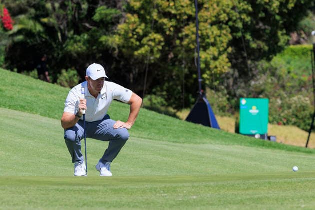 February 21, 2026, Pacific Palisades, California, USA: Rory McIlroy lines up his putt at the 2nd hole during Round 3 of the 2026 Genesis Invitational Golf Tournament on Saturday February 21, 2026 at the Riviera Country Club in Pacific Palisades, California. ARIANA RUIZ PI The 2026 Genesis Invitational - Round 3  - ZUMAp124 20260221_zaa_p124_001 Copyright: xArianaxRuizx