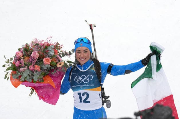 Milano Cortina 2026, Antholz, Italy, 21.02, 2026, MiCo2026, MiCo, 2026, Olympics, Olympic, Winter Olympic, Olympic Winter games, Winterspiele,Spiele, Summer games Antholz, biathlon, Anterselva Biathlon Arena, Anterselva Dorothea Wierer from Italy celebrates after her 12.5 kilometers Women™s Mass start race of Milano Cortina 2026 Olympic Winter Games in Anterselva Biathlon Arena, Italy, 21.02.2026. Photo: Roman Koksarov (RKF) Antholz Italy Copyright: xRomanxKoksarovx biathlon_MiCo20260221rk778.JPG