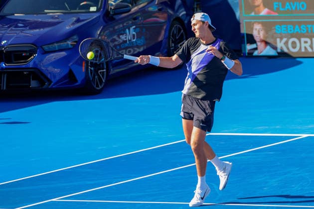 DELRAY BEACH, FL - FEBRUARY 21: Sebastian Korda (USA) in action during his Semi Final match against Flavio Cobolli (ITA) at the Delray Beach Open on February 21, 2026, at Delray Beach Stadium & Tennis Center in Delray Beach, Florida.(Photo by Chris Arjoon Icon Sportswire). TENNIS: FEB 21 Delray Beach Open EDITORIAL USE ONLY Icon2602210010010