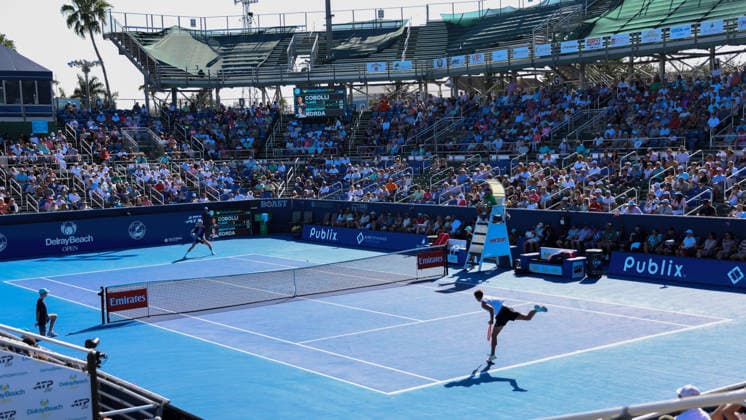 DELRAY BEACH, FL - FEBRUARY 21: Sebastian Korda (USA) in action during his Semi Final match against Flavio Cobolli (ITA) at the Delray Beach Open on February 21, 2026, at Delray Beach Stadium & Tennis Center in Delray Beach, Florida.(Photo by Chris Arjoon Icon Sportswire). TENNIS: FEB 21 Delray Beach Open EDITORIAL USE ONLY Icon2602210010013