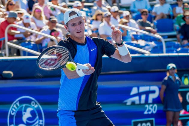 DELRAY BEACH, FL - FEBRUARY 21: Sebastian Korda (USA) in action during his Semi Final match against Flavio Cobolli (ITA) at the Delray Beach Open on February 21, 2026, at Delray Beach Stadium & Tennis Center in Delray Beach, Florida.(Photo by Chris Arjoon Icon Sportswire). TENNIS: FEB 21 Delray Beach Open EDITORIAL USE ONLY Icon2602210010021