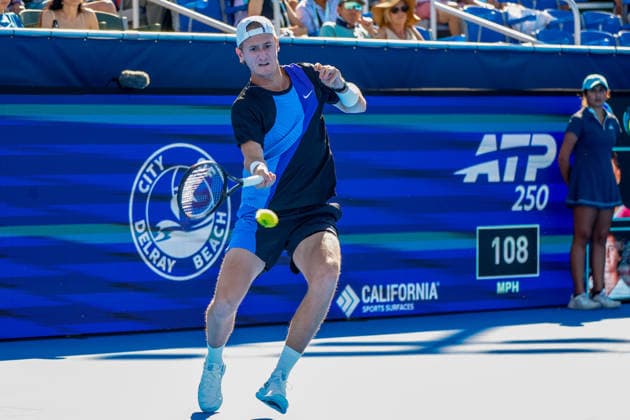 DELRAY BEACH, FL - FEBRUARY 21: Sebastian Korda (USA) in action during his Semi Final match against Flavio Cobolli (ITA) at the Delray Beach Open on February 21, 2026, at Delray Beach Stadium & Tennis Center in Delray Beach, Florida.(Photo by Chris Arjoon Icon Sportswire). TENNIS: FEB 21 Delray Beach Open EDITORIAL USE ONLY Icon2602210010022