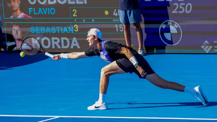 DELRAY BEACH, FL - FEBRUARY 21: Sebastian Korda (USA) in action during his Semi Final match against Flavio Cobolli (ITA) at the Delray Beach Open on February 21, 2026, at Delray Beach Stadium & Tennis Center in Delray Beach, Florida.(Photo by Chris Arjoon Icon Sportswire). TENNIS: FEB 21 Delray Beach Open EDITORIAL USE ONLY Icon2602210010030