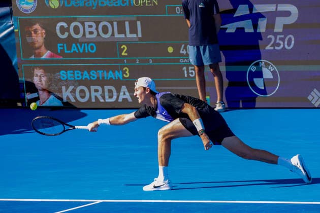 DELRAY BEACH, FL - FEBRUARY 21: Sebastian Korda (USA) in action during his Semi Final match against Flavio Cobolli (ITA) at the Delray Beach Open on February 21, 2026, at Delray Beach Stadium & Tennis Center in Delray Beach, Florida.(Photo by Chris Arjoon Icon Sportswire). TENNIS: FEB 21 Delray Beach Open EDITORIAL USE ONLY Icon2602210010031