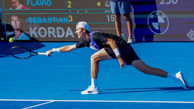 DELRAY BEACH, FL - FEBRUARY 21: Sebastian Korda (USA) in action during his Semi Final match against Flavio Cobolli (ITA) at the Delray Beach Open on February 21, 2026, at Delray Beach Stadium & Tennis Center in Delray Beach, Florida.(Photo by Chris Arjoon Icon Sportswire). TENNIS: FEB 21 Delray Beach Open EDITORIAL USE ONLY Icon2602210010032