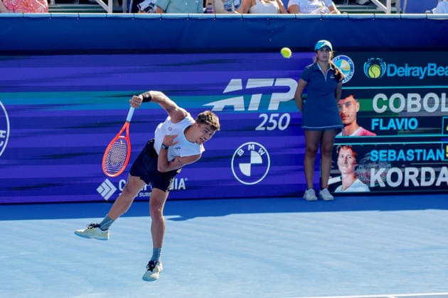DELRAY BEACH, FL - FEBRUARY 21: Flavio Cobolli (ITA) in action during his Semi Final match against Sebastian Korda (USA) at the Delray Beach Open on February 21, 2026, at Delray Beach Stadium & Tennis Center in Delray Beach, Florida.(Photo by Chris Arjoon Icon Sportswire). TENNIS: FEB 21 Delray Beach Open EDITORIAL USE ONLY Icon2602210010037