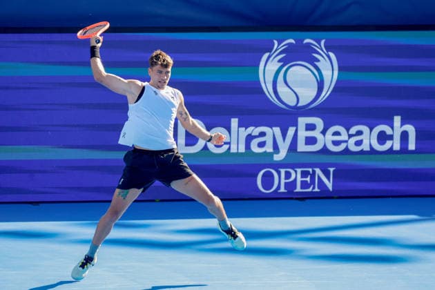 DELRAY BEACH, FL - FEBRUARY 21: Flavio Cobolli (ITA) in action during his Semi Final match against Sebastian Korda (USA) at the Delray Beach Open on February 21, 2026, at Delray Beach Stadium & Tennis Center in Delray Beach, Florida.(Photo by Chris Arjoon Icon Sportswire). TENNIS: FEB 21 Delray Beach Open EDITORIAL USE ONLY Icon2602210010039