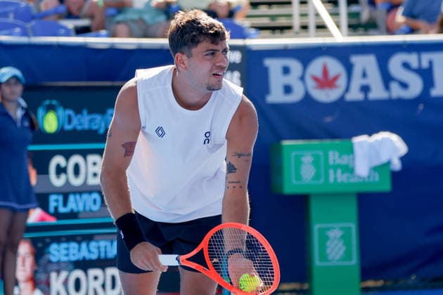 DELRAY BEACH, FL - FEBRUARY 21: Flavio Cobolli (ITA) in action during his Semi Final match against Sebastian Korda (USA) at the Delray Beach Open on February 21, 2026, at Delray Beach Stadium & Tennis Center in Delray Beach, Florida.(Photo by Chris Arjoon Icon Sportswire). TENNIS: FEB 21 Delray Beach Open EDITORIAL USE ONLY Icon2602210010047
