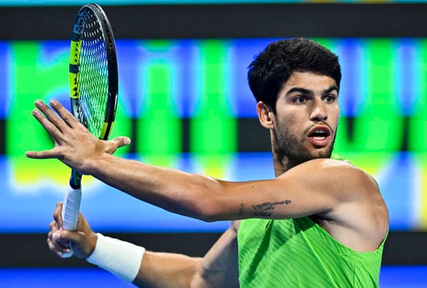 ATP, Tennis Herren Qatar Exxonmobil Open-final Carlos Alcaraz of Spain competes against Arthur Fils of France in the final at the ATP men s Qatar ExxonMobil Open 2026 tennis tournament at the Khalifa International Tennis Complex in Doha, Qatar, on February 21, 2026. DOHA Qatar Copyright: xNOUSHADx