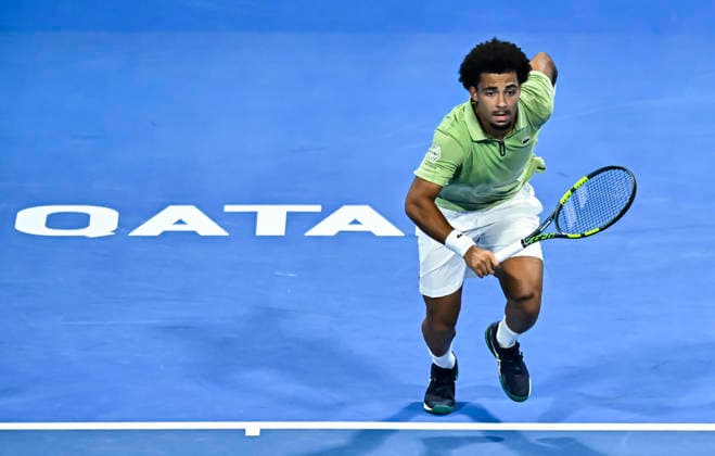 ATP, Tennis Herren Qatar Exxonmobil Open-final Arthur Fils of France competes against Carlos Alcaraz of Spain in the final at the ATP men s Qatar ExxonMobil Open 2026 tennis tournament at the Khalifa International Tennis Complex in Doha, Qatar, on February 21, 2026. DOHA Qatar Copyright: xNOUSHADx