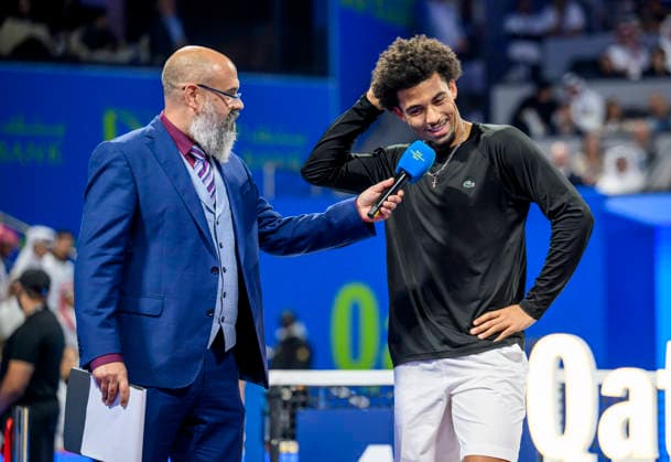 ATP, Tennis Herren Qatar Exxonmobil Open-final Arthur Fils of France during an on-court interview after lose the men s final against Carlos Alcaraz of Spain at the ATP Qatar Exxonmobil Open 2026 tennis tournament at the Khalifa International Tennis Complex in Doha, Qatar, on February 21, 2026. DOHA Qatar Copyright: xNOUSHADx