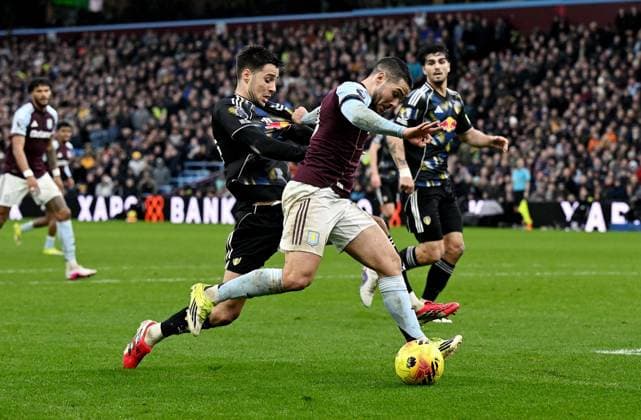 Ilia Gruev of Leeds United and Emi Buendia of Aston Villa Aston Villa v Leeds United, Premier League, Football, Villa Park, Birmingham, UK - 21 Feb 2026Birmingham Villa Park United Kingdom EDITORIAL USE ONLY No use with unauthorised audio, video, data, fixture lists, club league logos or live services. Online in-match use limited to 120 images, no video emulation. No use in betting, games or single club league player publications. Copyright: xAnnaxGowthorpe Shutterstockx 16681467bo