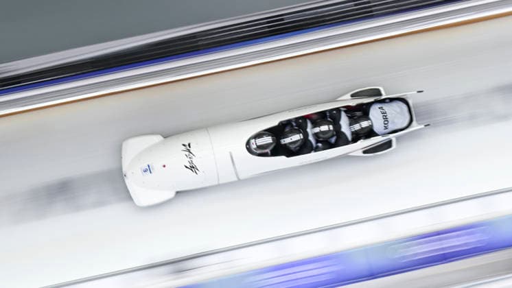 OLYMPICS - Winter Olympic Games, Olympische Spiele, Olympia, OS Milano Cortina 2026 CORTINA D AMPEZZO,ITALY,22.FEB.26 - OLYMPICS, BOBSLEIGH - Winter Olympic Games Milano Cortina 2026, 4-man, heat 3 and 4. Image shows Jinsu Kim, Hyeonggeun Kim, Geonu Lee and Sunwook Kim (KOR).  GEPAxpictures AlexanderxSolc