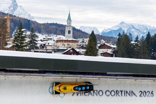 OLYMPICS - Winter Olympic Games, Olympische Spiele, Olympia, OS Milano Cortina 2026 CORTINA D AMPEZZO,ITALY,22.FEB.26 - OLYMPICS, BOBSLEIGH - Winter Olympic Games Milano Cortina 2026, 4-man, heat 3 and 4. Image shows Johannes Lochner, Thorsten Margis, Jorn Wenzel and Georg Fleischhauer (GER).  GEPAxpictures xMaticxKlansek