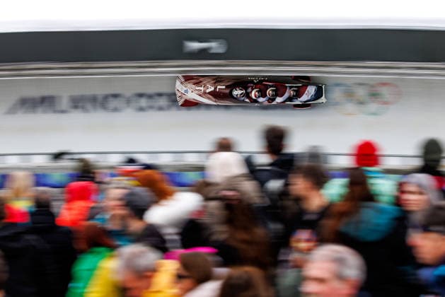 OLYMPICS - Winter Olympic Games, Olympische Spiele, Olympia, OS Milano Cortina 2026 CORTINA D AMPEZZO,ITALY,22.FEB.26 - OLYMPICS, BOBSLEIGH - Winter Olympic Games Milano Cortina 2026, 4-man, heat 3 and 4. Image shows Jekabs Kalenda, Lauris Kaufmanis, Matiss Miknis and Mairis Klava (LAT).  GEPAxpictures xMaticxKlansek