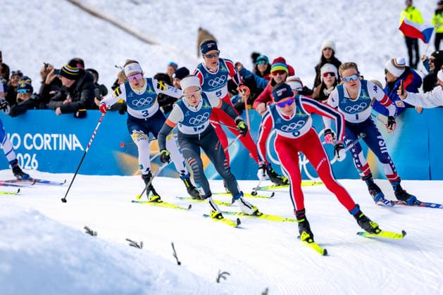 OLYMPICS - Winter Olympic Games, Olympische Spiele, Olympia, OS Milano Cortina 2026 TESERO,ITALY,22.FEB.26 - OLYMPICS, NORDIC SKIING, CROSS COUNTRY SKIING - Winter Olympic Games Milano Cortina 2026, 50km mass start, classic, women. Image shows Heidi Weng (NOR), Jessie Diggins (USA), Dariya Nepryaeva (AIN) , Ebba Andersson (SWE) and Astrid Oeyre Slind (NOR).  GEPAxpictures xMatthiasxTrinkl