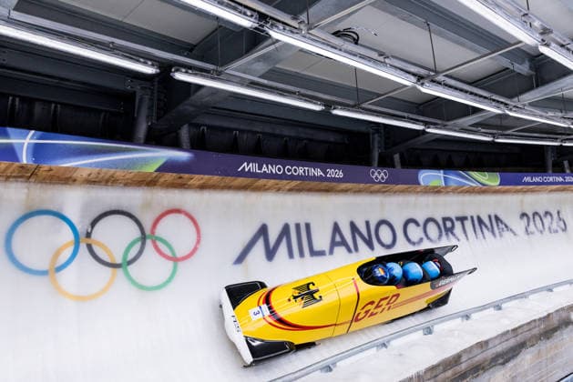 CORTINA, ITALY - FEBRUARY 22: Adam Ammour Issam Ammour Joshua Tasche Alexander Schaller (Germany) during the Bobsleigh 4-man Heat 3 and 4 at the Milano Cortina 2026 Olympics at Cortina Sliding Centre on day 16 of the Milano Cortina 2026 Olympics on February 22, 2026 in Cortina, Italy. Editorial use only. Italy Copyright: xSteffiexWunderlx