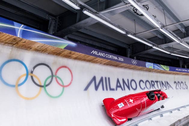 CORTINA, ITALY - FEBRUARY 22: Michael Vogt Andreas Haas Amadou David Ndiaye Mario Aeberhard (Switzerland) during the Bobsleigh 4-man Heat 3 and 4 at the Milano Cortina 2026 Olympics at Cortina Sliding Centre on day 16 of the Milano Cortina 2026 Olympics on February 22, 2026 in Cortina, Italy. Editorial use only. Italy Copyright: xSteffiexWunderlx