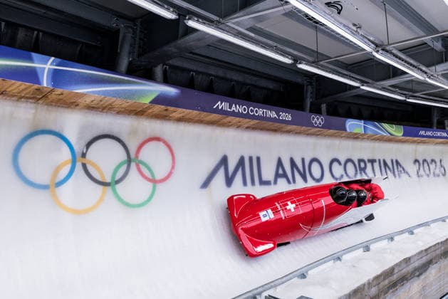CORTINA, ITALY - FEBRUARY 22: Cedric Follador Luca Rolli Tim Annen Omar Vogele (Switzerland) during the Bobsleigh 4-man Heat 3 and 4 at the Milano Cortina 2026 Olympics at Cortina Sliding Centre on day 16 of the Milano Cortina 2026 Olympics on February 22, 2026 in Cortina, Italy. Editorial use only. Italy Copyright: xSteffiexWunderlx