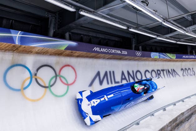 CORTINA, ITALY - FEBRUARY 22: Patrick Baumgartner Lorenzo Bilotti Eric Fantazzini Robert Mircea (Italy) during the Bobsleigh 4-man Heat 3 and 4 at the Milano Cortina 2026 Olympics at Cortina Sliding Centre on day 16 of the Milano Cortina 2026 Olympics on February 22, 2026 in Cortina, Italy. Editorial use only. Italy Copyright: xSteffiexWunderlx