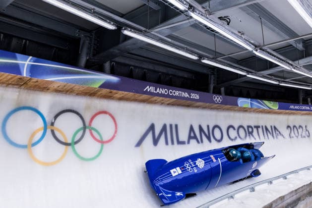 CORTINA, ITALY - FEBRUARY 22: Brad Hall Greg Cackett Leon Greenwood Taylor Lawrence (Great Britain) during the Bobsleigh 4-man Heat 3 and 4 at the Milano Cortina 2026 Olympics at Cortina Sliding Centre on day 16 of the Milano Cortina 2026 Olympics on February 22, 2026 in Cortina, Italy. Editorial use only. Italy Copyright: xSteffiexWunderlx