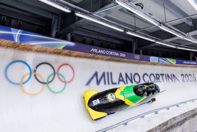 CORTINA, ITALY - FEBRUARY 22: Shane Pitter Junior Harris Tyquendo Tracey Joel Fearon (Jamaica) during the Bobsleigh 4-man Heat 3 and 4 at the Milano Cortina 2026 Olympics at Cortina Sliding Centre on day 16 of the Milano Cortina 2026 Olympics on February 22, 2026 in Cortina, Italy. Editorial use only. Italy Copyright: xSteffiexWunderlx