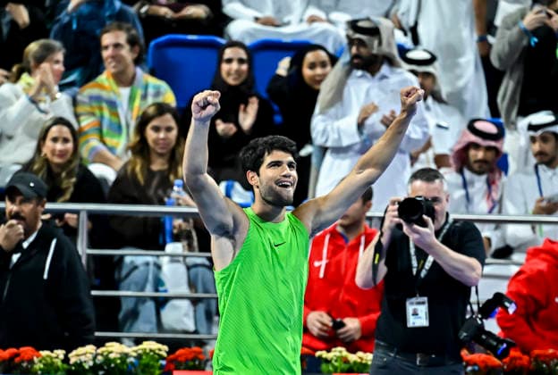 ATP, Tennis Herren Qatar Exxonmobil Open 2026 tennis tournament in Doha - 21 Feb 2026 Carlos Alcaraz of Spain celebrates after winning against Arthur Fils of France during their men s singles final match at the ATP Qatar Exxonmobil Open 2026 tennis tournament at the Khalifa International Tennis Complex. Carlos Alcaraz won against Arthur Fils 6-2,6-1.???? Doha Qatar Copyright: xNoushadxVariyattiyakkalx xSOPAxImagesx NVRITYAKAL-035